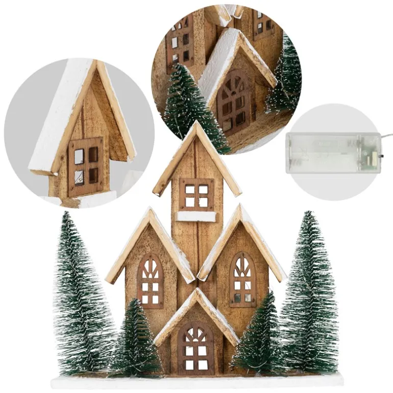 Deko Weihnachtshaus 30cm schneebedeckt mit warmweißen LED-Beleuchtung batteriebetrieben inkl. Timer aus Holz