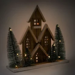Deko Weihnachtshaus 30cm schneebedeckt mit warmweißen LED-Beleuchtung batteriebetrieben inkl. Timer aus Holz