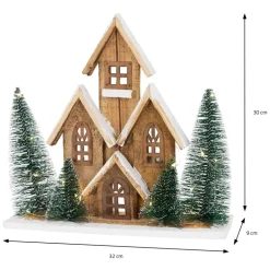 Deko Weihnachtshaus 30cm schneebedeckt mit warmweißen LED-Beleuchtung batteriebetrieben inkl. Timer aus Holz