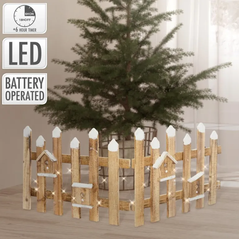 Deko Weihnachtszaun mit LED natur 98x39 cm aus Holz inkl. Vogelhäuschen
