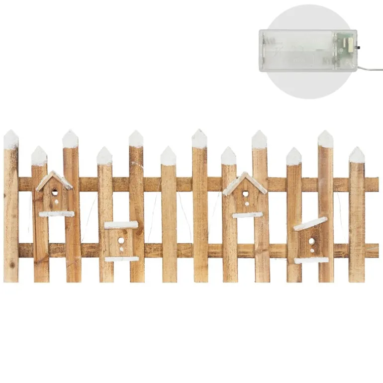 Deko Weihnachtszaun mit LED natur 98x39 cm aus Holz inkl. Vogelhäuschen