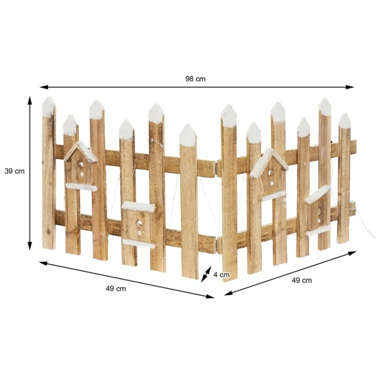 Deko Weihnachtszaun mit LED natur 98x39 cm aus Holz inkl. Vogelhäuschen