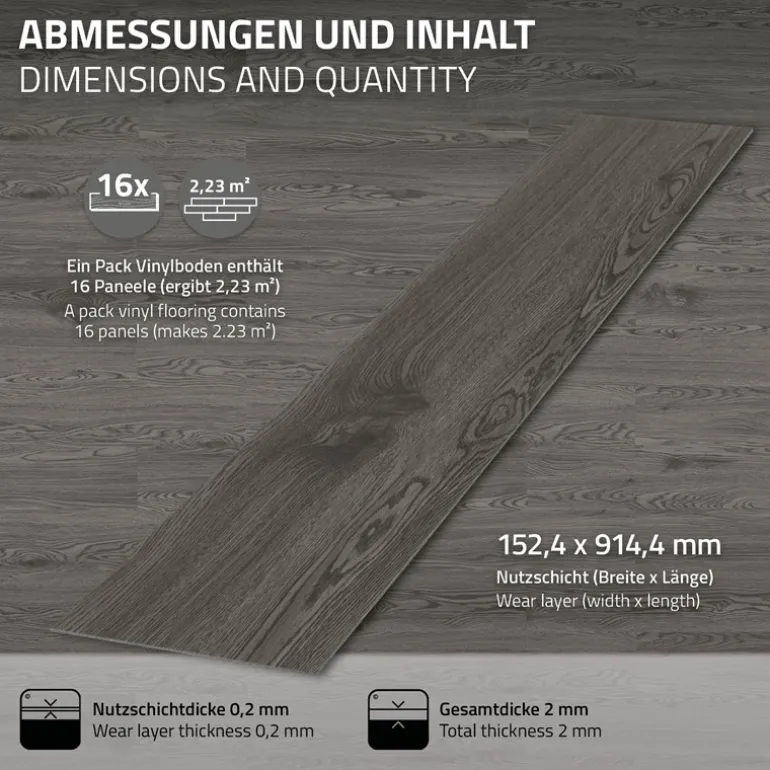 Deluxe PVC Klebevinylboden für 2,3 m² Eiche Grau 2 mm dick ML-Design
