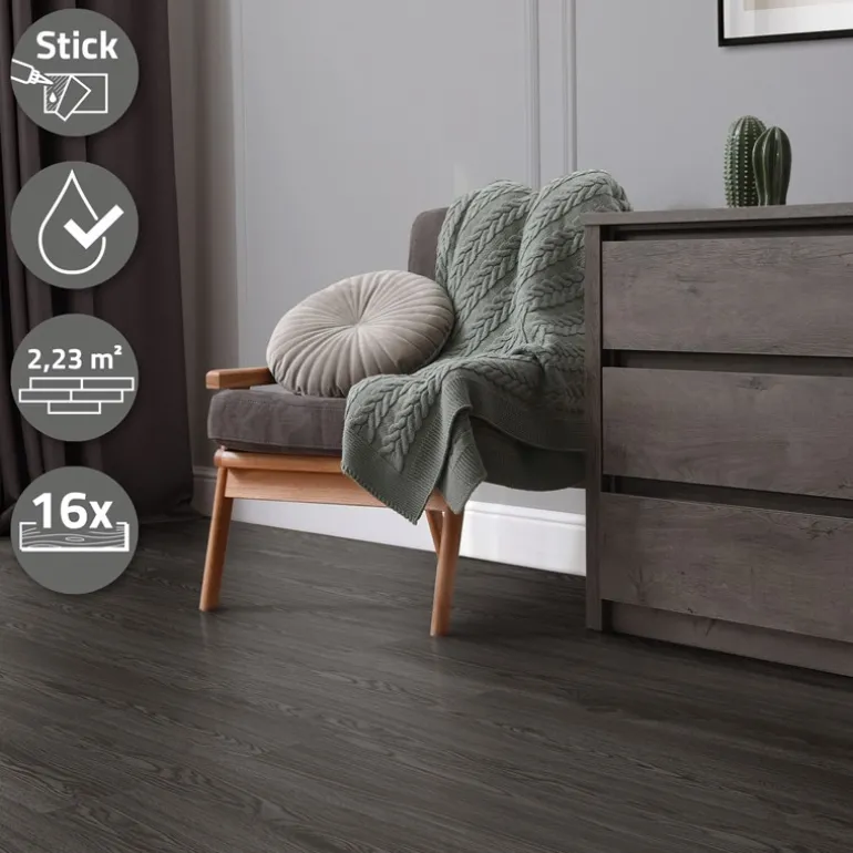 Deluxe PVC Klebevinylboden für 2,23 m² Eiche Dunkelgrau 2 mm dick ML-Design