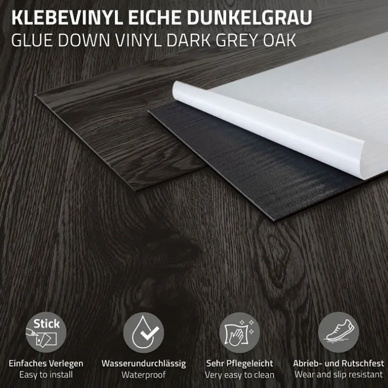 Deluxe PVC Klebevinylboden für 2,23 m² Eiche Dunkelgrau 2 mm dick ML-Design