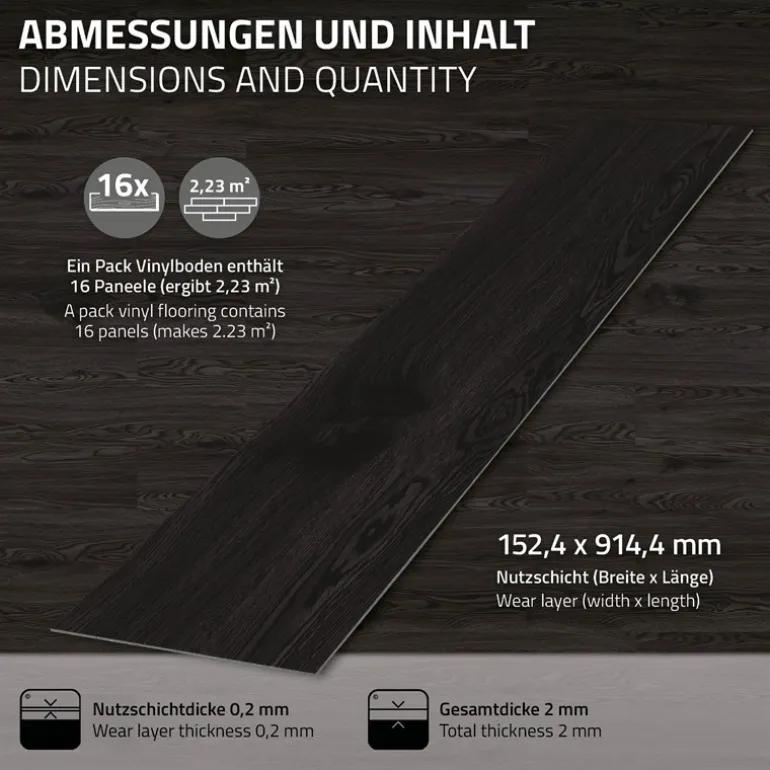 Deluxe PVC Klebevinylboden für 2,23 m² Eiche Dunkelgrau 2 mm dick ML-Design