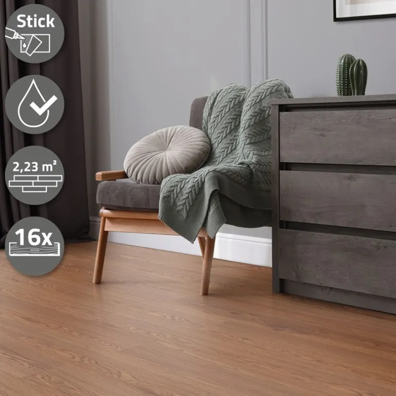Deluxe PVC Klebevinylboden für 2,23 m² Roteiche Braun 2 mm dick ML-Design
