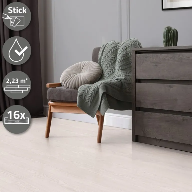 Deluxe PVC Klebevinylboden für 2,23 m² Weiß Eiche 2 mm dick ML-Design