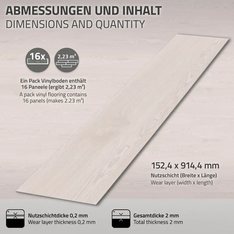 Deluxe PVC Klebevinylboden für 2,23 m² Weiß Eiche 2 mm dick ML-Design