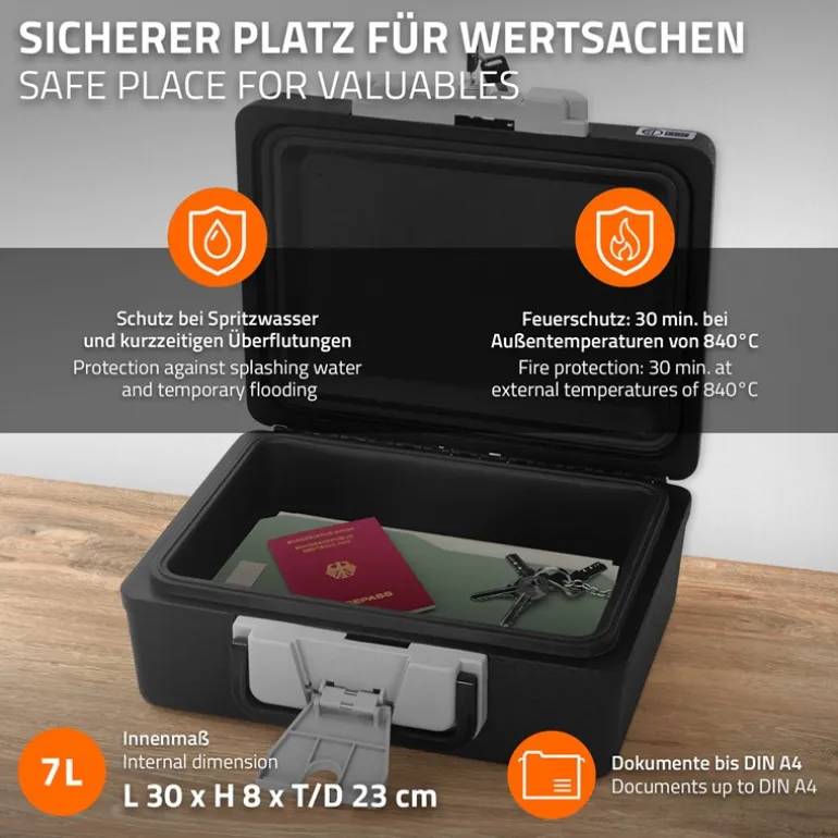 Dokumentenbox DIN A4 39x33x16 cm 7L Feuerfeste wasserdichte Dokumentenkassette