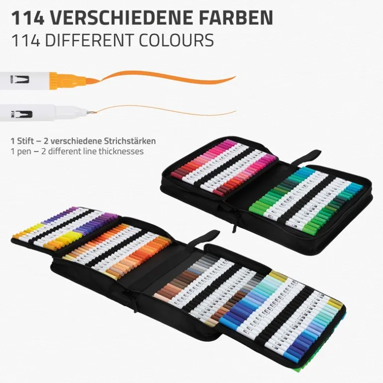 Doppelfaserstifte Set mit 120 Farben mit 2 Spitzen in klappbarem Mäppchen