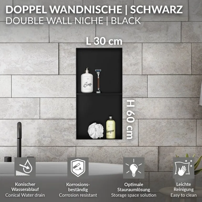 Duschnische 2 Ebenen 30x60 cm Schwarz aus Edelstahl Unterputz Rahmen Wandnische Duschablage LuxeBath