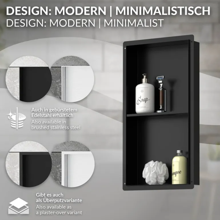 Duschnische 2 Ebenen 30x60 cm Schwarz aus Edelstahl Unterputz Rahmen Wandnische Duschablage LuxeBath
