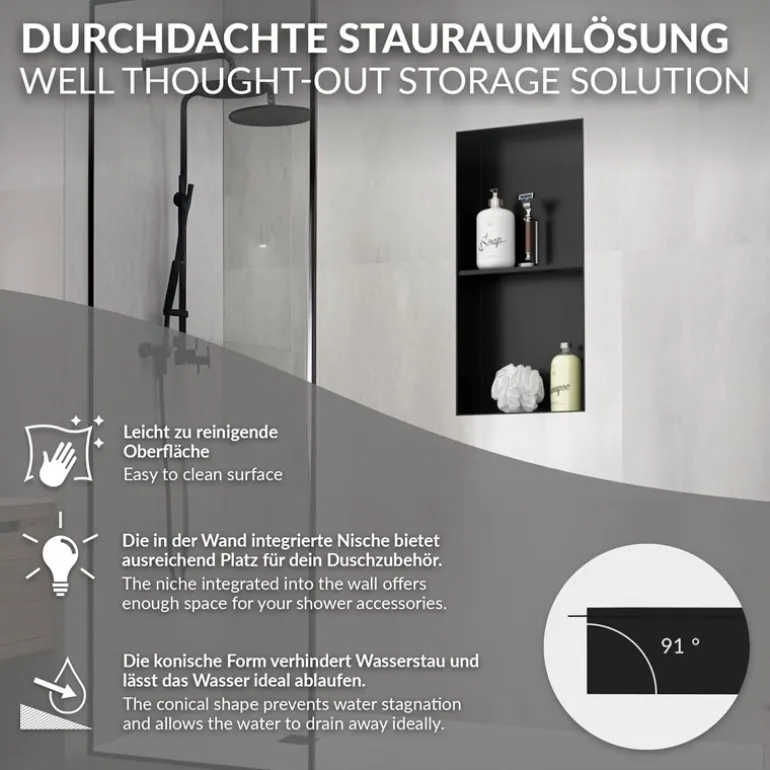Duschnische 2 Ebenen 30x60 cm Schwarz aus Edelstahl Unterputz Rahmen Wandnische Duschablage LuxeBath