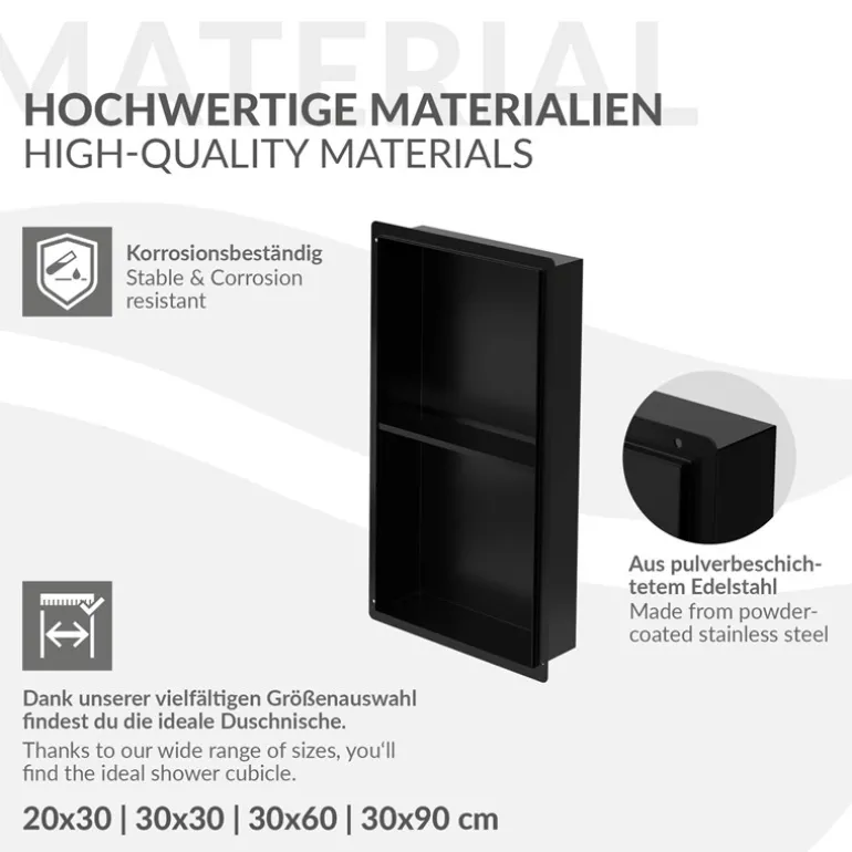 Duschnische 2 Ebenen 30x60 cm Schwarz aus Edelstahl Unterputz Rahmen Wandnische Duschablage LuxeBath