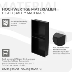 Duschnische 2 Ebenen 30x60 cm Schwarz aus Edelstahl Wandnische Duschablage LuxeBath