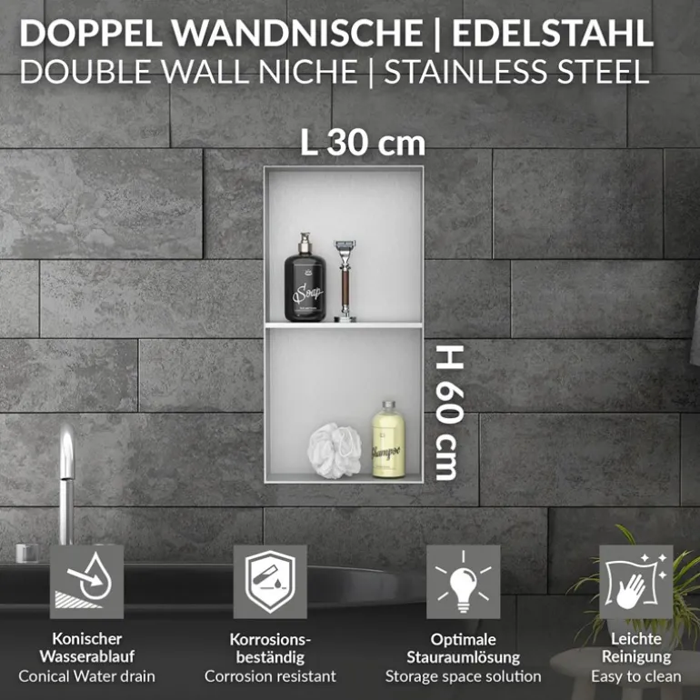 Duschnische 2 Ebenen 30x60 cm Silber aus Edelstahl Unterputz Rahmen Wandnische Duschablage LuxeBath