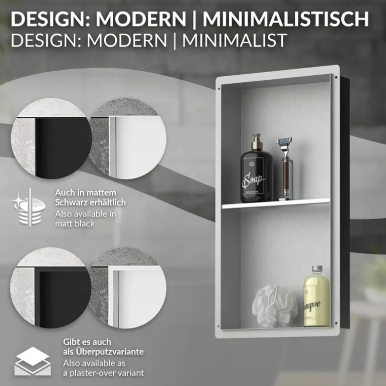 Duschnische 2 Ebenen 30x60 cm Silber aus Edelstahl Unterputz Rahmen Wandnische Duschablage LuxeBath