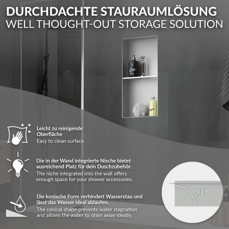 Duschnische 2 Ebenen 30x60 cm Silber aus Edelstahl Unterputz Rahmen Wandnische Duschablage LuxeBath