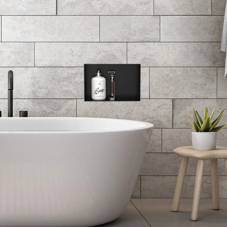 Duschnische 30x20 cm Schwarz aus Edelstahl Unterputz Rahmen Wandnische Duschablage LuxeBath