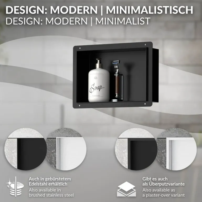 Duschnische 30x20 cm Schwarz aus Edelstahl Unterputz Rahmen Wandnische Duschablage LuxeBath