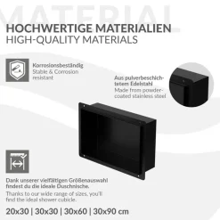 Duschnische 30x20 cm Schwarz aus Edelstahl Unterputz Rahmen Wandnische Duschablage LuxeBath