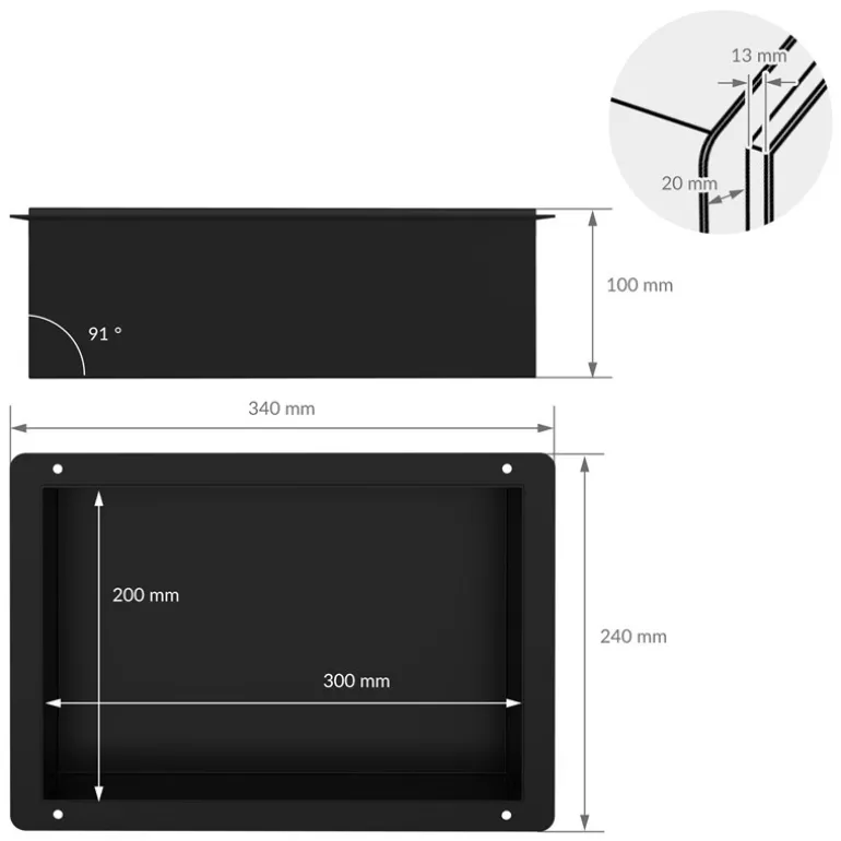 Duschnische 30x20 cm Schwarz aus Edelstahl Unterputz Rahmen Wandnische Duschablage LuxeBath