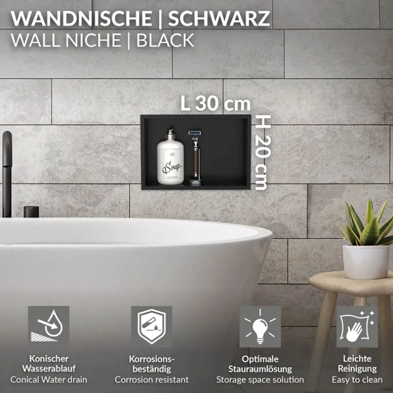Duschnische 30x20 cm Schwarz aus Edelstahl Wandnische Duschablage LuxeBath