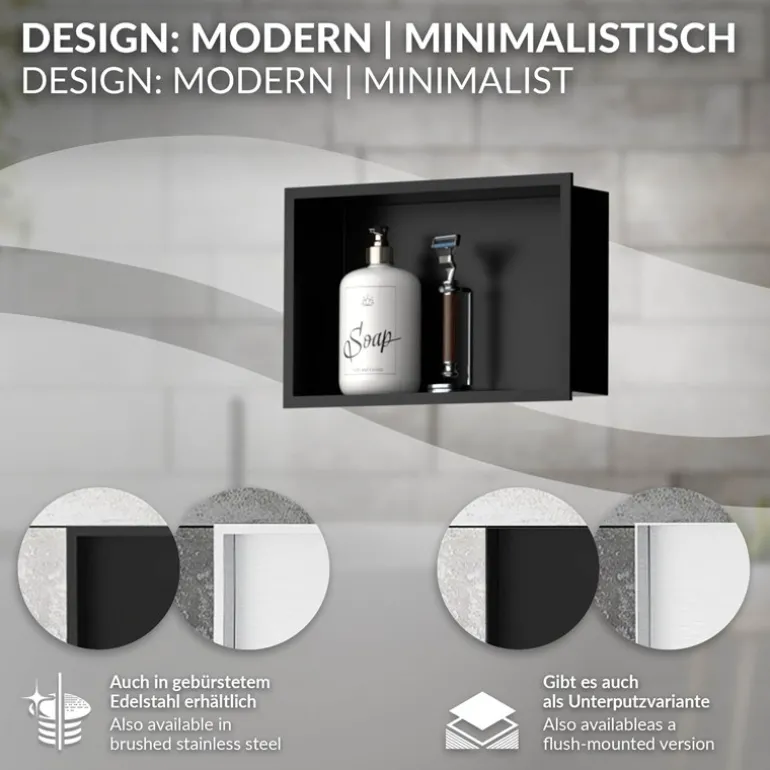 Duschnische 30x20 cm Schwarz aus Edelstahl Wandnische Duschablage LuxeBath