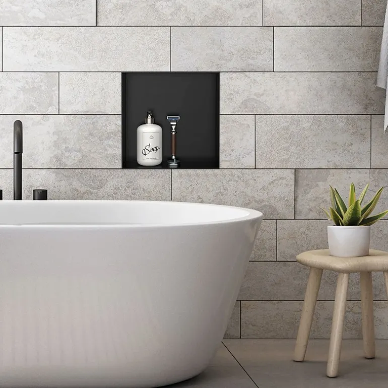 Duschnische 30x30 cm Schwarz aus Edelstahl Unterputz Rahmen Wandnische Duschablage LuxeBath