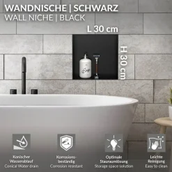Duschnische 30x30 cm Schwarz aus Edelstahl Unterputz Rahmen Wandnische Duschablage LuxeBath