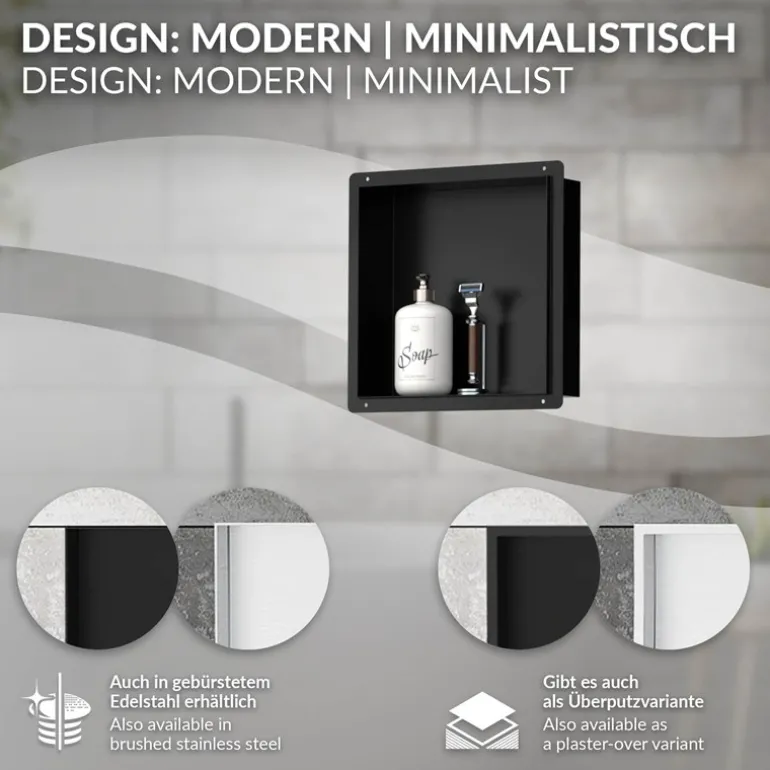 Duschnische 30x30 cm Schwarz aus Edelstahl Unterputz Rahmen Wandnische Duschablage LuxeBath