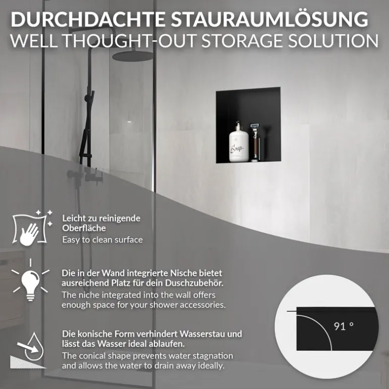 Duschnische 30x30 cm Schwarz aus Edelstahl Unterputz Rahmen Wandnische Duschablage LuxeBath