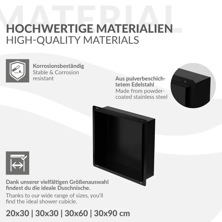 Duschnische 30x30 cm Schwarz aus Edelstahl Unterputz Rahmen Wandnische Duschablage LuxeBath