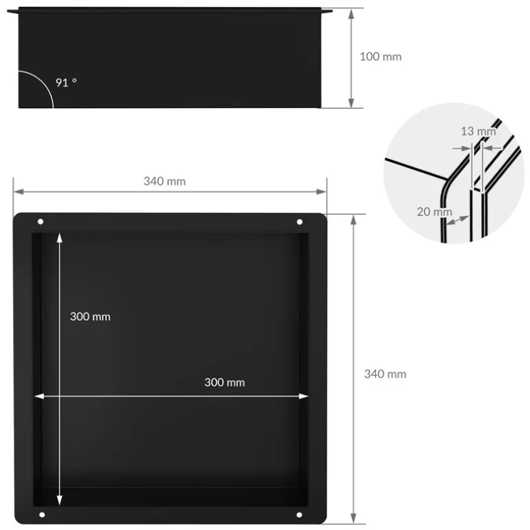 Duschnische 30x30 cm Schwarz aus Edelstahl Unterputz Rahmen Wandnische Duschablage LuxeBath
