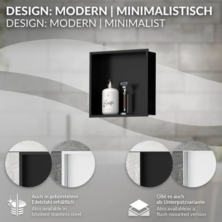 Duschnische 30x30 cm Schwarz aus Edelstahl Wandnische Duschablage LuxeBath