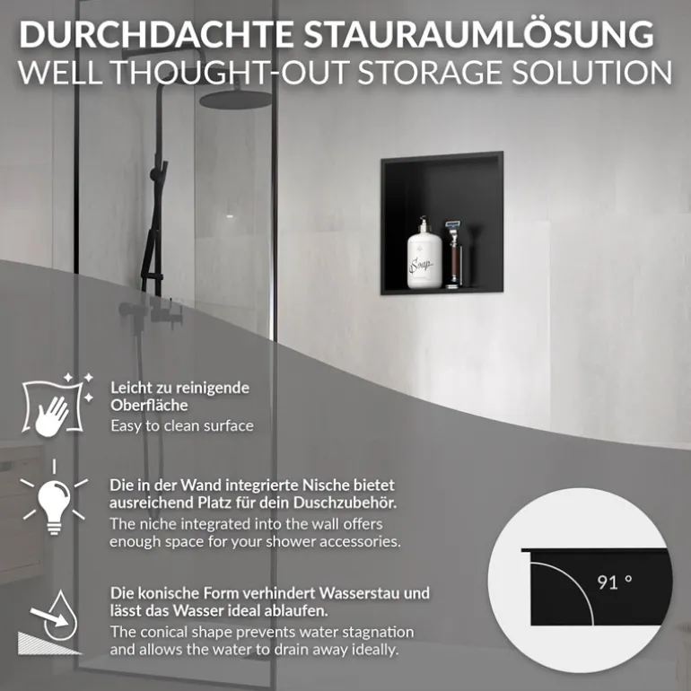 Duschnische 30x30 cm Schwarz aus Edelstahl Wandnische Duschablage LuxeBath
