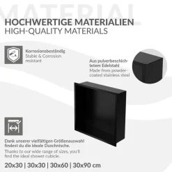 Duschnische 30x30 cm Schwarz aus Edelstahl Wandnische Duschablage LuxeBath