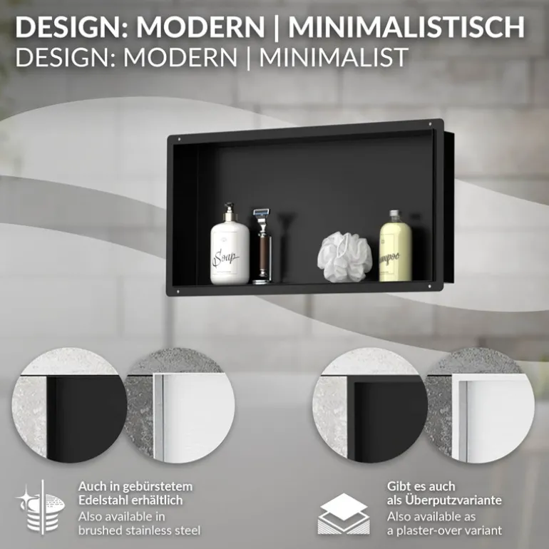 Duschnische 60x30 cm Schwarz aus Edelstahl Unterputz Rahmen Wandnische Duschablage LuxeBath