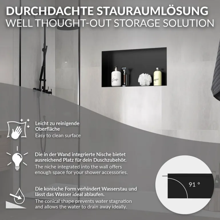 Duschnische 60x30 cm Schwarz aus Edelstahl Unterputz Rahmen Wandnische Duschablage LuxeBath