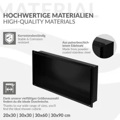 Duschnische 60x30 cm Schwarz aus Edelstahl Unterputz Rahmen Wandnische Duschablage LuxeBath
