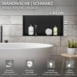 Duschnische 60x30 cm Schwarz aus Edelstahl Wandnische Duschablage LuxeBath