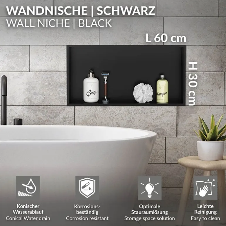 Duschnische 60x30 cm Schwarz aus Edelstahl Wandnische Duschablage LuxeBath