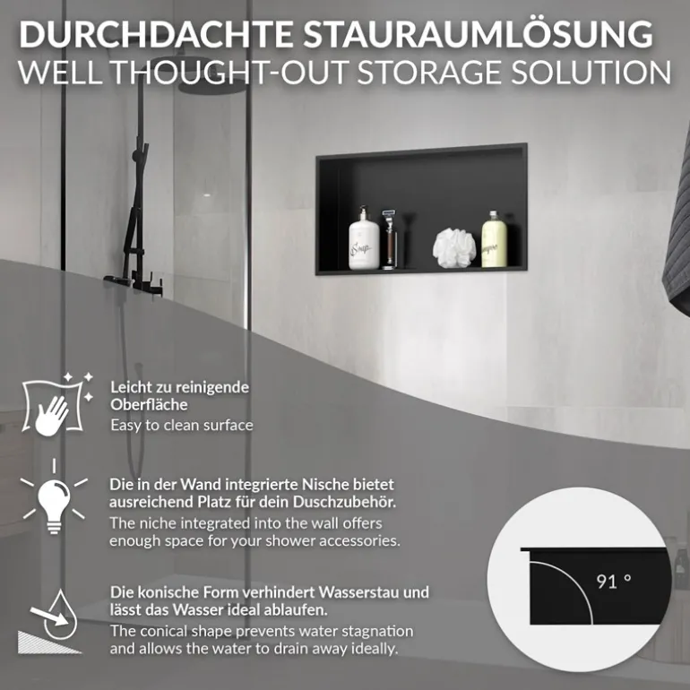 Duschnische 60x30 cm Schwarz aus Edelstahl Wandnische Duschablage LuxeBath