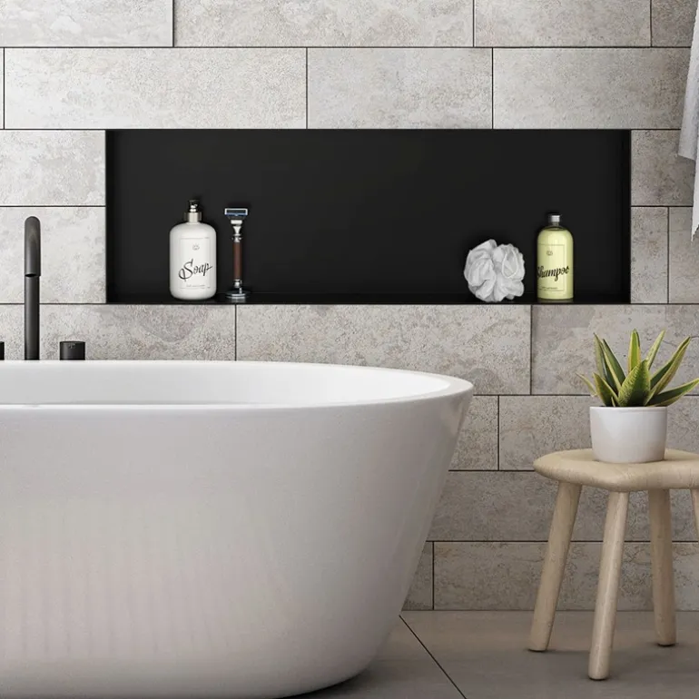 Duschnische 90x30 cm Schwarz aus Edelstahl Unterputz Rahmen Wandnische Duschablage LuxeBath