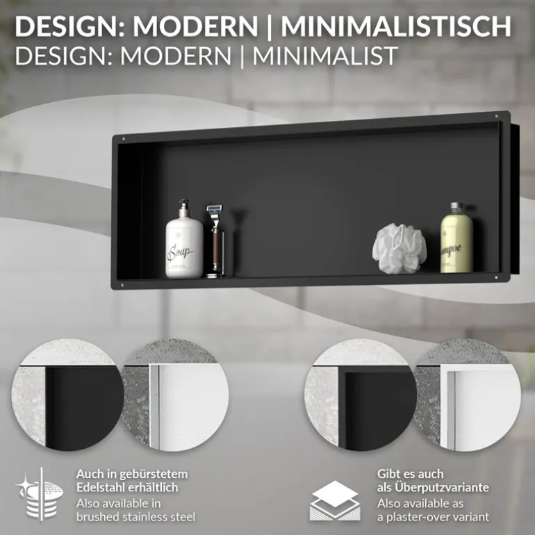 Duschnische 90x30 cm Schwarz aus Edelstahl Unterputz Rahmen Wandnische Duschablage LuxeBath