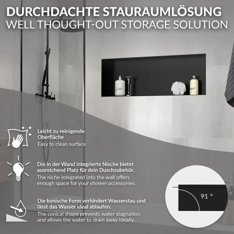 Duschnische 90x30 cm Schwarz aus Edelstahl Unterputz Rahmen Wandnische Duschablage LuxeBath