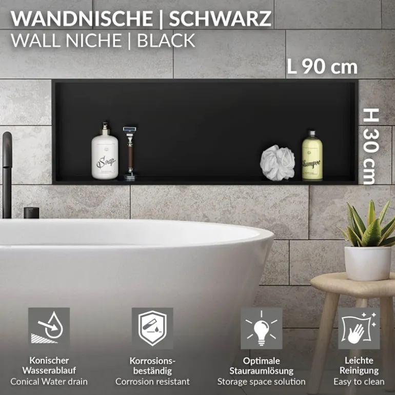 Duschnische 90x30 cm Schwarz aus Edelstahl Wandnische Duschablage LuxeBath
