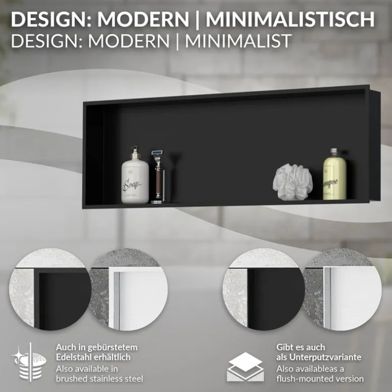 Duschnische 90x30 cm Schwarz aus Edelstahl Wandnische Duschablage LuxeBath