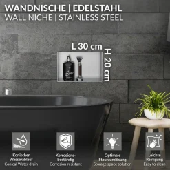 Duschnische 30x20 cm Silber aus Edelstahl Unterputz Rahmen Wandnische Duschablage LuxeBath